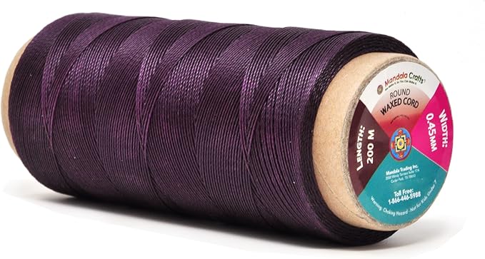 Mandala Crafts Purple Round Waxed Thread for Leather Sewing - 219 Yds 200M 0.45mm Polyester Leather Thread String Waxed Cord for Leatherwork, Beading, Bookbinding, Hand Stitching