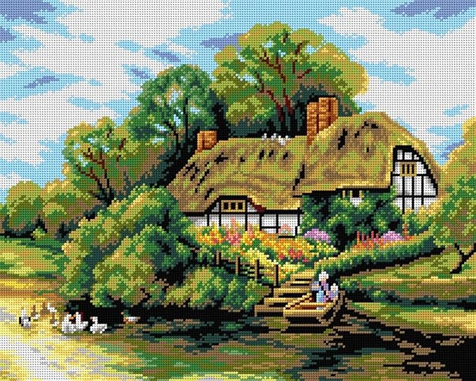 Wizardi Needlepoint Canvas for halfstitch Without Yarn Large Cottage by a River 2704M Orchidea