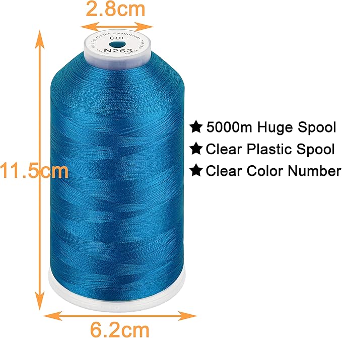 New brothread - Single Huge Spool 5000M Each Polyester Embroidery Machine Thread 40WT for Commercial and Domestic Machines - Sola Blue(Janome Color)