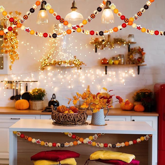 Huwena 200 Pieces Thanksgiving Wooden Beads Buffalo Plaid Wood Fall Beads Turkey Pumpkin Maple Leaf Wooden Bead Natural Round Spacer Bead for DIY Crafts Decor