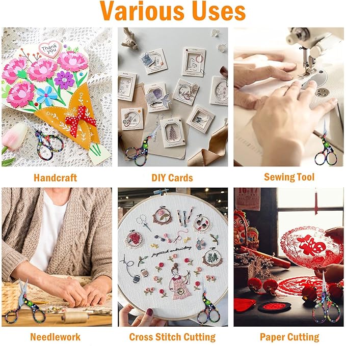 AQUEENLY Embroidery Scissors Vintage 2 Pcs Stainless Steel Stork Scissors Small Sewing Scissor Sharp 3.6 Inches Crochet Scissor for artwork, Threading, Needlework, Black Flower Style