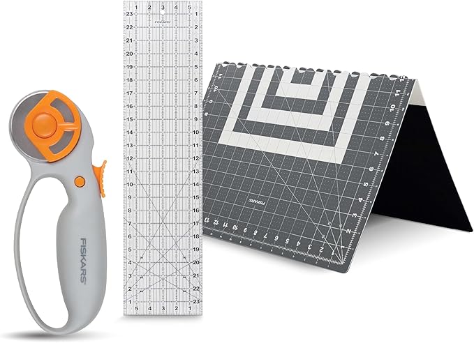 Fiskars Loop Set, Rotary Cutter with 45mm Steel Blade, Sewing Ruler for Precise Measures, Folding Cutting Mat for All Fabric Cutting Needs, Grey