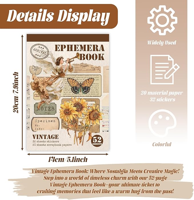 32 Sheets Pre-Cut Vintage Washi Stickers & 20 Scrapbook Papers Ephemera - Retro Angel Sunflower Designs for Junk Journals Scrapbooking