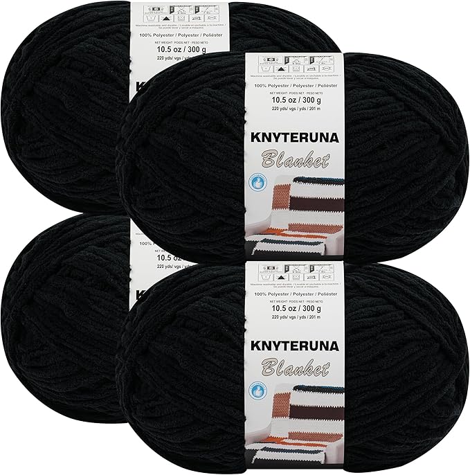 #6 Super Bulky Blanket Yarn for Crocheting - 4 Skeins(Each 10.5oz/300g, 220yds/201m), Chunky Chenille Thick Plush Big Soft Yarn for Crocheting Knitting Blankets, Black