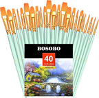 BOSOBO Paint Brushes Set, 4 Pack 40 Pcs Round Pointed Tip Paintbrushes Nylon Hair Artist Acrylic Paint Brushes for Acrylic Oil Watercolor, Face Nail Art, Miniature Detailing & Rock Painting, Green