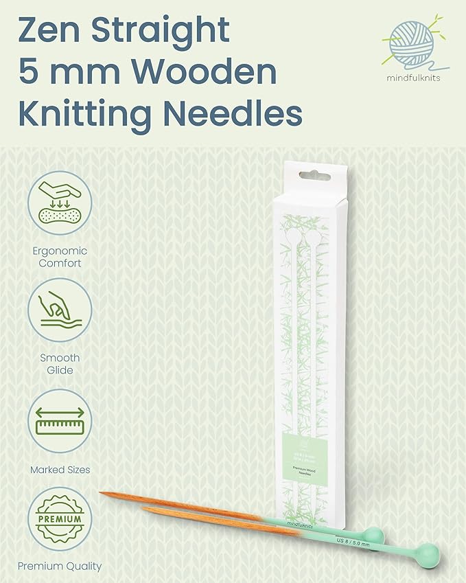 mindfulknits Premium Straight Single Pointed Beech Wood Knitting Needles – Size US 8, 5mm – 30cm Length – Straight Needle Set - Crafting & Knitting Supplies for Relaxation & Stress Relief (US8, 5mm)