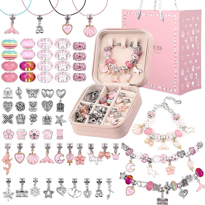 UFU Charm Bracelet Making Kit Girls Beads for Jewelry Making Kit, Unicorns Arts Crafts Gifts Set for Teen Girls Age 5 6 7 8-12, with a Portable Bracelet Organizer Box