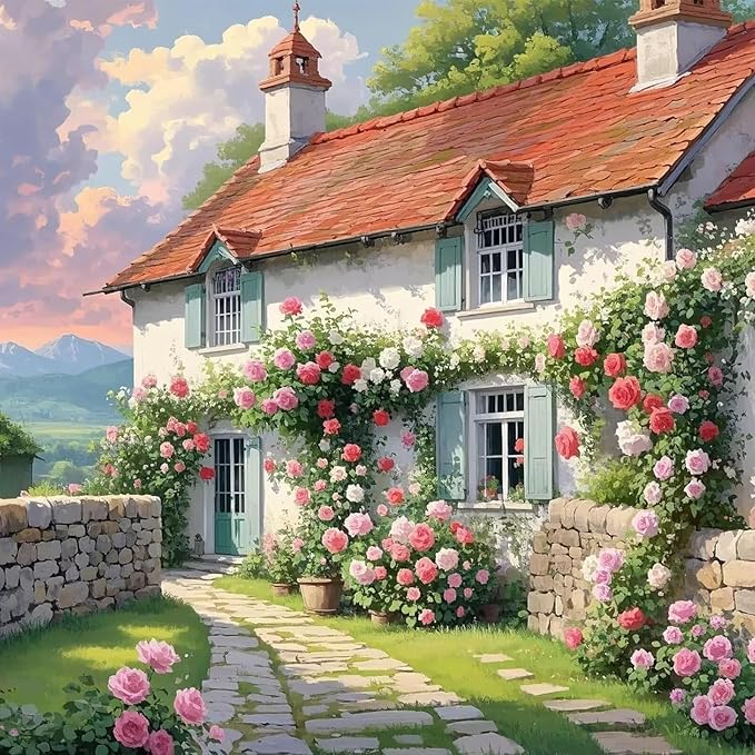 Flower House Diamond Painting Kits for Adults, 5D Diamond Art Painting by Numbers Kits, DIY House Diamond Dots Art Kits, Full Round Drill Diamond Art Kits for Adults for Home Wall Decor, 14x14 inch