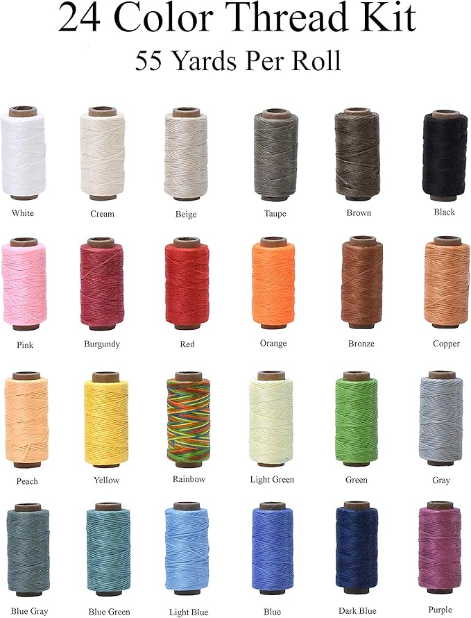 Mandala Crafts 24 Assorted Colors Flat Waxed Thread for Leather Sewing - 55 X 24 Yds 210D 1mm Polyester Leather Thread String Waxed Cord for Leatherwork, Beading, Bookbinding, Hand Stitching