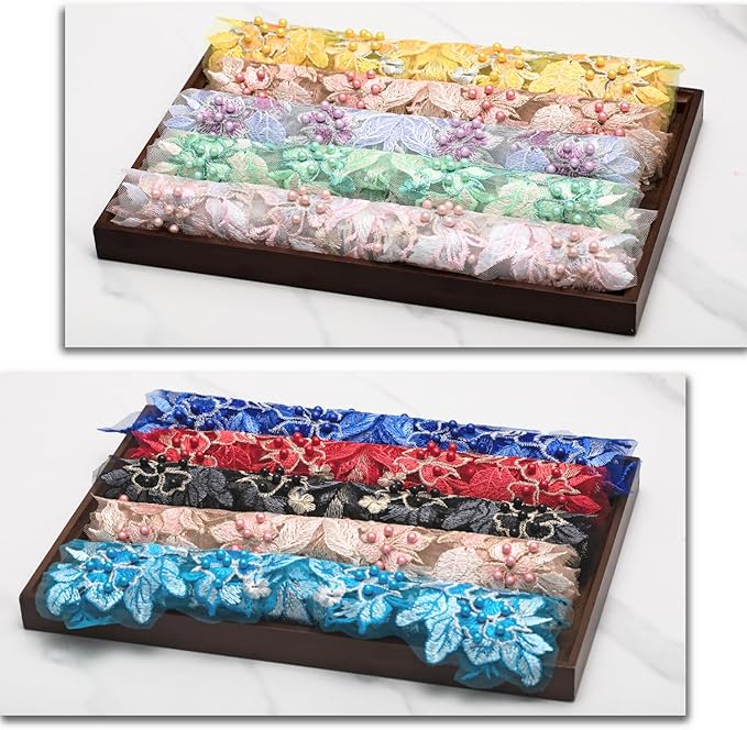 Beaded Pearl Flower Fabric Lace Applique, Floral Embroidered Patches Handmade Sewing Tool for DIY Neckline Bodice Wedding Bridal Prom Dress(Black-Large)