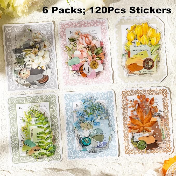 Vintage Botanical PET Sticker Set, 120PCS Floral and Leaf Ephemera Stickers for Journaling, Scrapbooking, DIY Crafts, and Art Projects