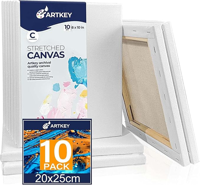 Artkey Canvases for Painting 8 x 10 Inch 10 - Pack, 5/8" Profile Stretched Canvas - 10 oz Primed, 100% Cotton White Blank Canvas - Art Paint Canvases for Acrylic Oil Paint