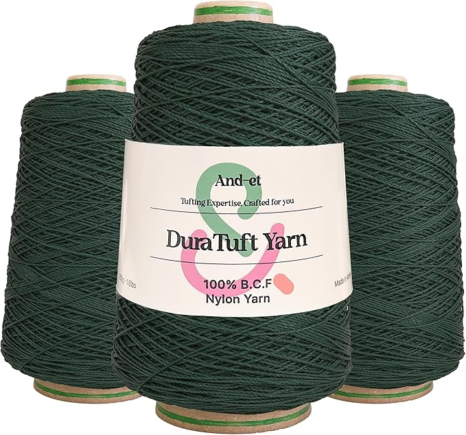 And-et DuraTuft Yarn 45 Vibrant Colors Tufting Nylon Yarn Pack - Ideal for Crochet, Craft Projects - 100% B.C.F. - 3 Cones x 1.66lbs - 180yards - Perfect for Rug Weaving and Knitting (38 Deep Green)