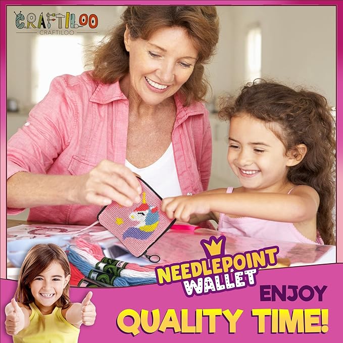 Pre Printed Needlepoint Wallet Kit for Kids Embroidery Arts and Crafts Set Cross Stitch Sewing Latch Hook Kit (Unicorn)
