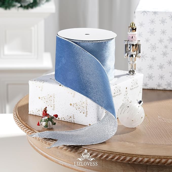 Dusty Blue Velvet Wired Ribbon with Glitter Back 4 Inch Blue and Silver Christmas Ribbon Wired Ribbon for Christmas Tree, Gift Wrapping, Mantel, Wreaths Supplies, Topper Bows (10 Yards)