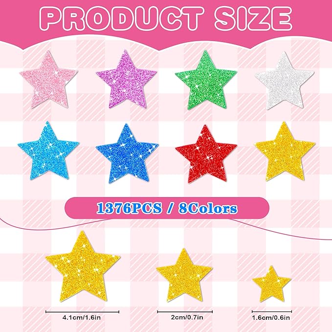 1376 Pcs Foam Stickers Glitter Shape Stickers Colorful Stars Sticker Self Adhesive Geometric Sticker for Crafts Supplies DIY Art Project Scrapbooking Home Decor(Star)