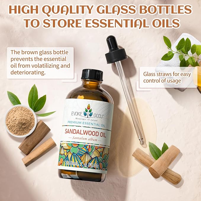 EVOKE OCCU Sandalwood Essential Oils for Skin Care, Diffuser, Perfume, Candle and Soap Making - 4 FL Oz