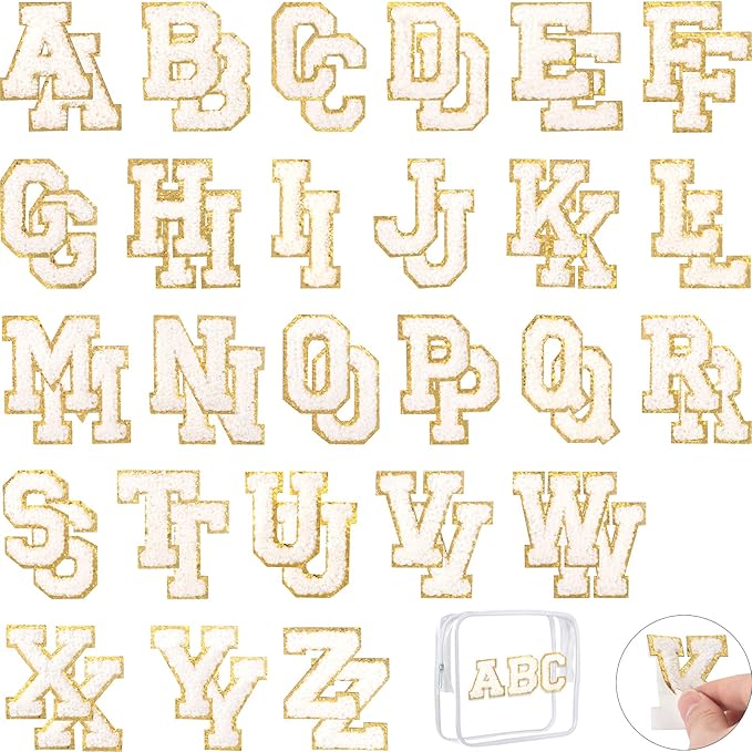 52 Pcs White Chenille Letter Patches Self Adhesive for Clothing,A-Z Varsity Letter Stickers Embroidered Sew on Repair Patches for Jackets Hats Backpack