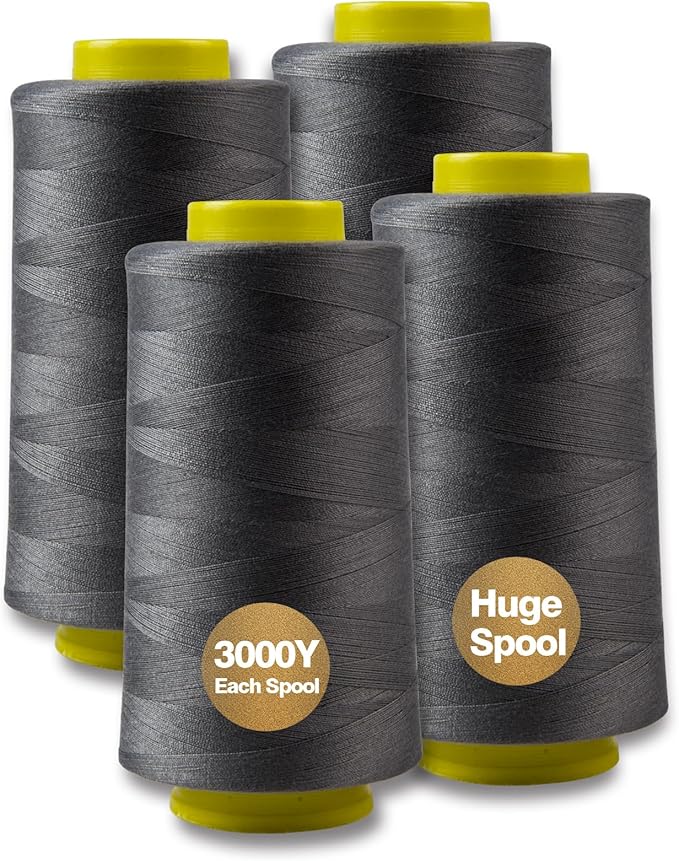 Dark Gray Serger Thread, All-Purpose Thread for Sewing, Polyester, 4 Cones of 3000 Yards Each Spool for Sewing Machine