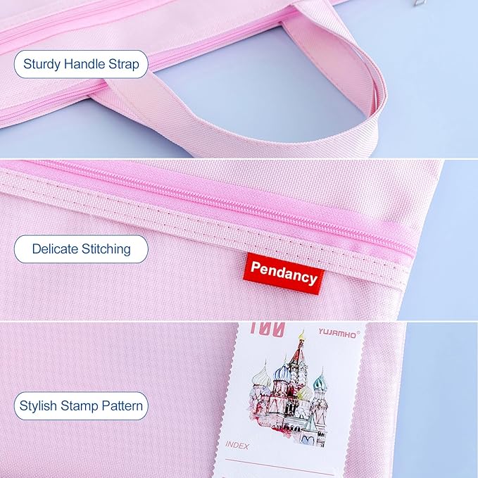 Pendancy Mesh Zipper Pouch 11x13.7 in, 2 pcs Large Double Pocket Waterproof File Bag with Handle, A4 Size Foldable Document Storage for Puzzle Project/Cross Stitch/Travel/Office（Green Pink）