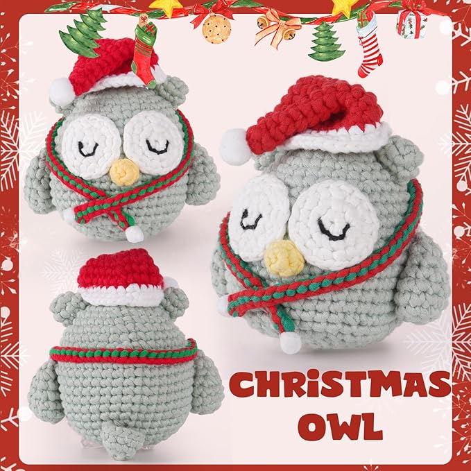 CrochetBox Crochet Kit for Beginners Adults - Christmas Owl Starters Crochet Kit, Beginners Crocheting Kitting for Adults Teen, Craft Gifts with Crochets Yarns, Hook, Step-by-Step Video, Instruction