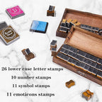 Rancco Alphabet Stamps for Crafts w/ 4 Ink Pad, 84 Pc Vintage Wooden Rubber Stamps w/Storage Box, 2 Set Mini Handwriting Number, Symbol & Letter Stamps for Gift Card Making, DIY Scrapbook, Clay Craft