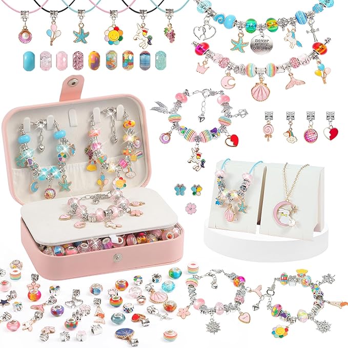 YJK Charm Bracelet Making Kit, 5-12 Year Old Girl Birthday Gifts, 133 Pcs DIY Beaded Jewelry Making Kit with Jewelry Box, Creative Crafts for Girls, Charm Necklace Making kit for Girls (Blue & Pink)