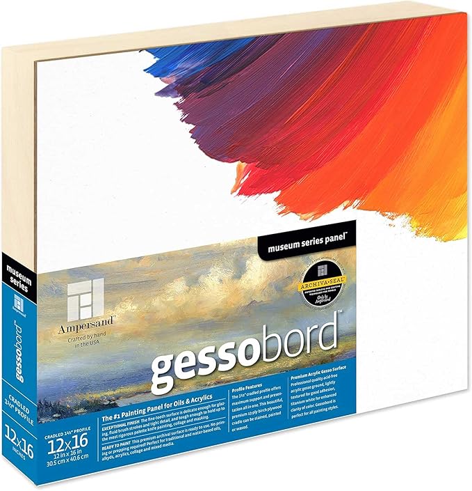 Ampersand Art Supply Gesso Wood Painting Panel: Museum Series Gessobord, 12" x 16", 1-1/2" Cradled Profile