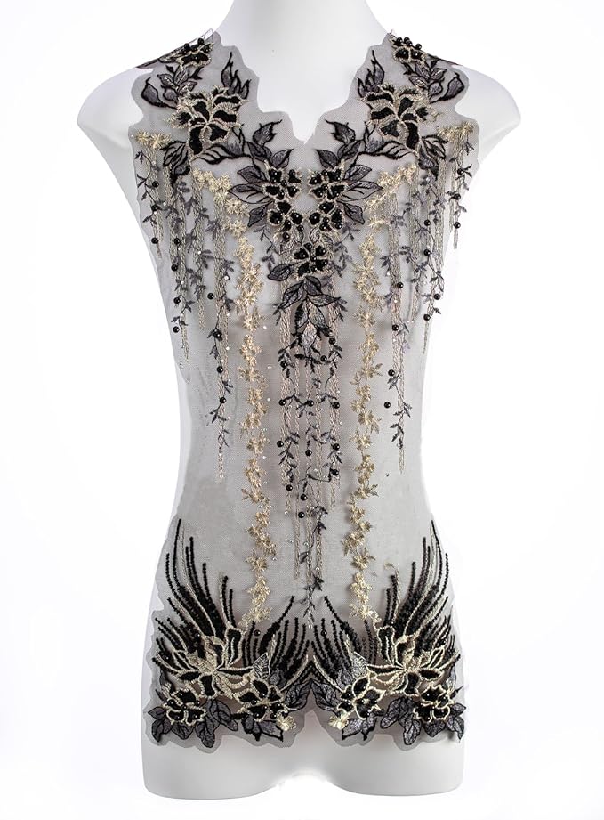 Beaded Pearl Flower Fabric Lace Applique, Floral Embroidered Patches Handmade Sewing Tool for DIY Neckline Bodice Wedding Bridal Prom Dress(Black-Large)