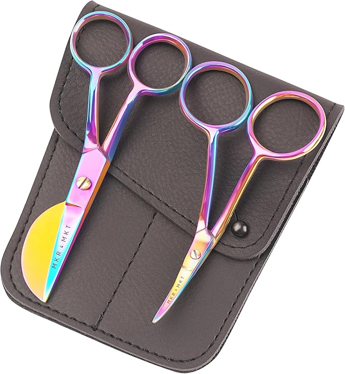 Small Embroidery 4.5 Inch Scissors Set of 2 Kit - Mini Double Bend Offset Duckbill and Double Bend Long Applique Needlepoint Blade with Pouch Sleeve (Rainbow)