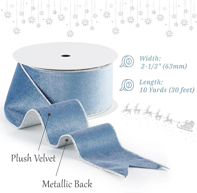 Dusty Blue Velvet Wired Ribbon with Glitter Back 2.5 Inch Blue and Silver Christmas Ribbon Wired Ribbon for Christmas Tree, Gift Wrapping, Mantel, Wreaths Supplies, Topper Bows (10 Yards)