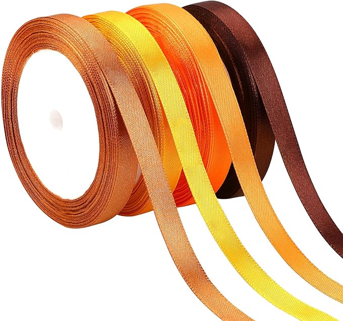 DECYOOL Fall Ribbons, 4 Rolls 100 Yards Fall Satin Ribbons 10mm Wide Autumn Thanksgiving Ribbon for Gift Wrapping and DIY Crafts (Orange, Yellow, Brown)
