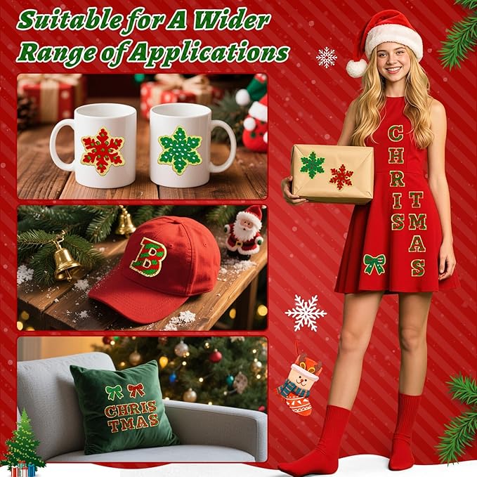 68 Pcs Christmas Patches Red and Green Striped Chenille Letters Patches Self Adhesive Embroidered,Include 52 A-Z Letters Patch,16 Snowflake Christmas Ball Tree Bows Patch Stickers