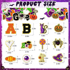72 Pcs Autumn Halloween Patches Chenille Halloween Letter Patch Self Adhesive Embroidered,Include 52 A-Z Letters Patches,20 Pumpkin Ghost Skeleton Witch Hat Spider Gravestone Sew on Patch Stickers