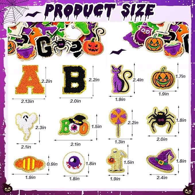 72 Pcs Autumn Halloween Patches Chenille Halloween Letter Patch Self Adhesive Embroidered,Include 52 A-Z Letters Patches,20 Pumpkin Ghost Skeleton Witch Hat Spider Gravestone Sew on Patch Stickers