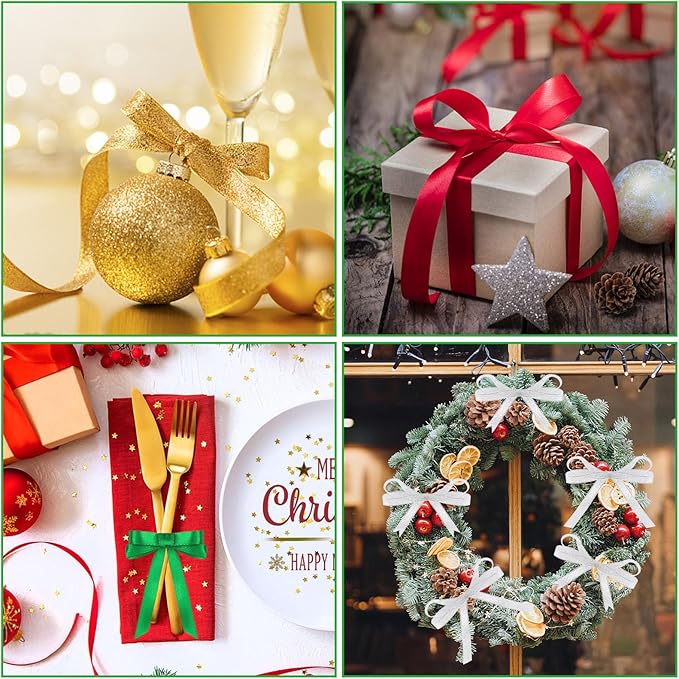 Christmas Ribbon, DECYOOL 4 Rolls 100 Yards Holiday Ribbons for Gift Wrapping (1.5cm Wide, Red & Green & Gold & Silver)
