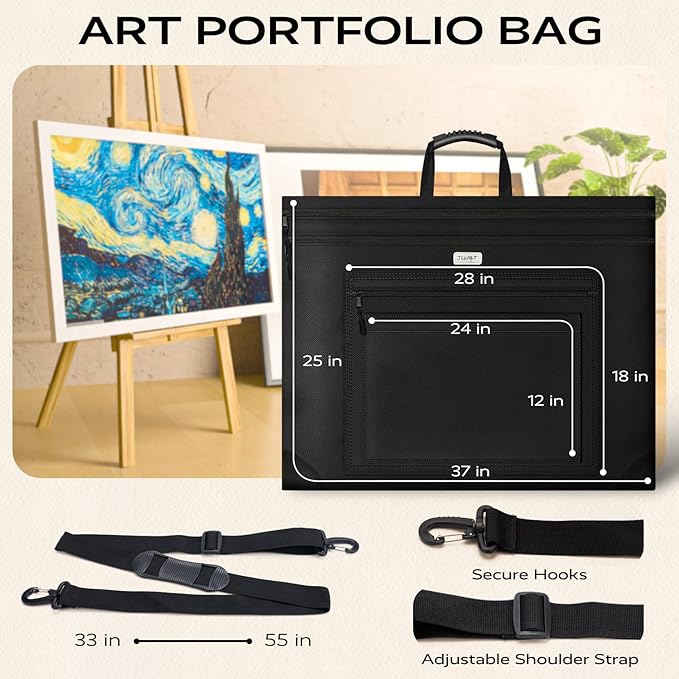 JusArt Art Portfolio Bag, 24x36 Light Weight Portfolio Folder Case with Adjustable Shoulder Strap, Leather Corners, Waterproof Art Bag for Artists and Students for Artwork, Poster, Sketching, Drawing