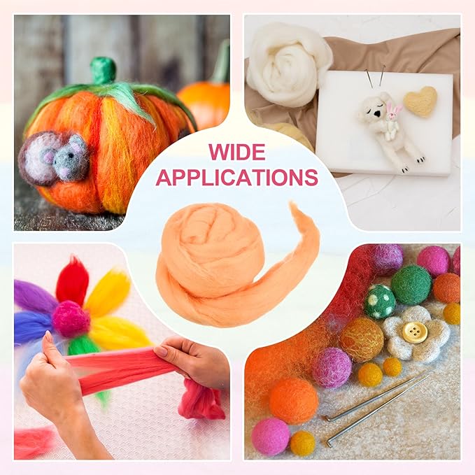 MECCANIXITY Wool Roving Yarn Soft Felting Wool 50g/1.76oz Pure Chunky Roving Yarn for Needle Felting Knitting Blanket Spinning Weaving Art DIY Craft Light Orange