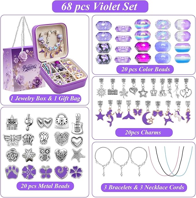ONADEBY DIY Bracelet Kit with Beads & Charms - Friendship Jewelry Making Kit, A Perfect Birthday and Christmas Craft Gifts with Box Bag Packing (Purple)