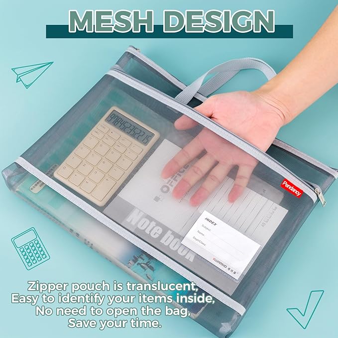 Pendancy Mesh Zipper Pouch A4 Size, Large Double Pocket Lightweight Nylon Transparent File Bag with Handle, 11x13.8 in Foldable Document Storage for Puzzle Project/Cross Stitch/Travel/Office (White)