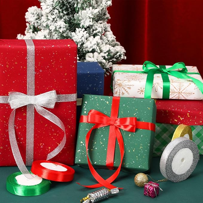 Christmas Ribbon, DECYOOL 4 Rolls 100 Yards Holiday Ribbons for Gift Wrapping (1.5cm Wide, Red & Green & Gold & Silver)