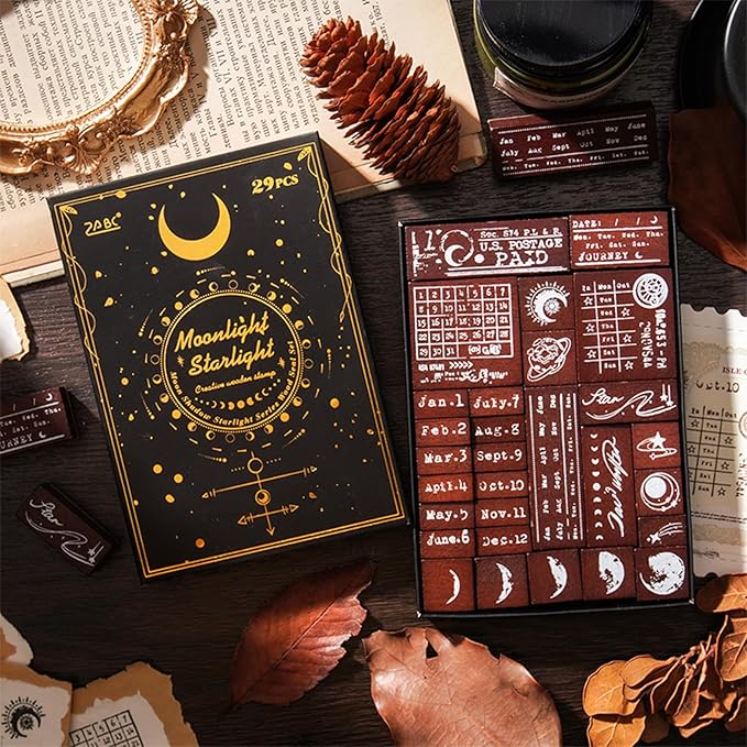 SIBLYMONA 29 Pieces Phases of The Moon Wooden Rubber Stamps Set for DIY Crafting, Decorative Wood Stamps with Moon Patterns, Reusable Rubber Stamp Kit for Scrapbooking & Card Making (Galaxy(29Pcs))