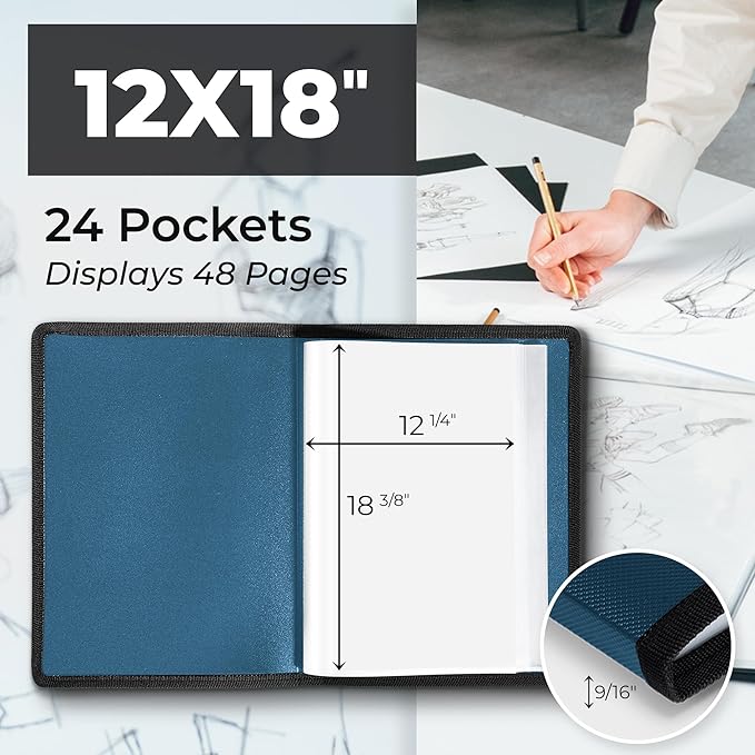 Dunwell 12x18 Art Portfolio Binder with Black Mounting Paper (Blue), Large Portfolio Folder for Artwork Storage, 24 Sleeves Display 48 Pages, 12 x 18 Presentation Book, Acid-Free Poly