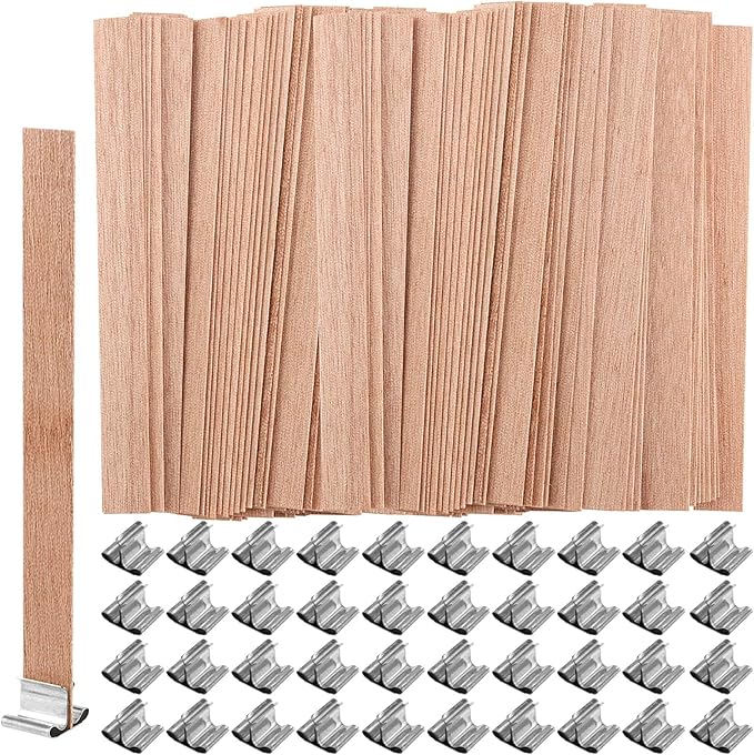 400 Pcs 0.5 × 5.1 Inches Wooden Candle Wicks, Crackling Wood Wicks with Iron Stand, Wood Wicks for Candles Making, DIY (200 Sets)