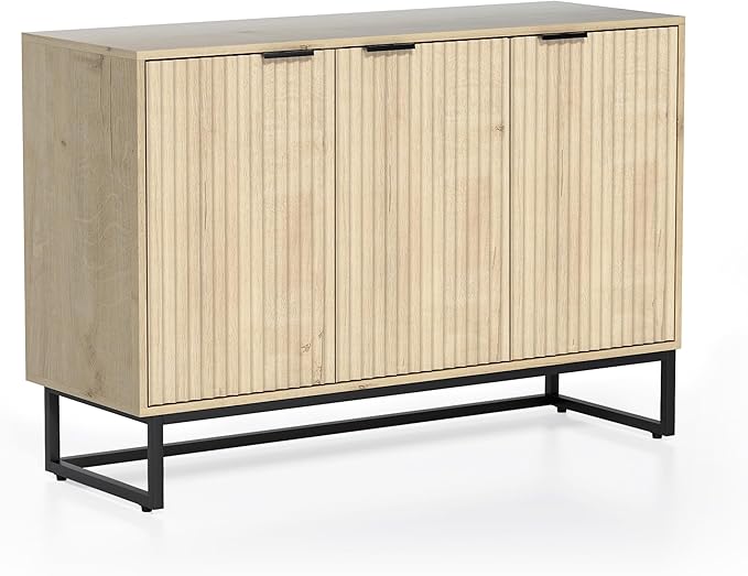Fluted Storage Cabinet with 3 Doors, Sideboard Buffet Cabinets with Adjustable Shelves, Multifunctional Console Table with Storage Credenza for Living Room, Hallway, Light Oak