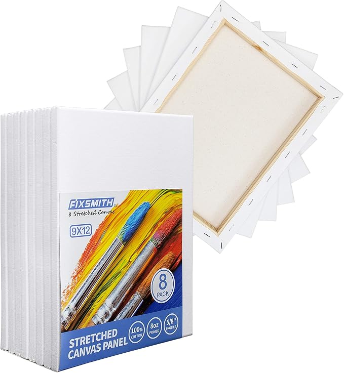 FIXSMITH Stretched White Blank Canvas - 9x12 Inch, Bulk Pack of 8, Primed,100% Cotton, 5/8 Inch Profile of Super Value Pack for Acrylics,Oils & Other Painting Media.