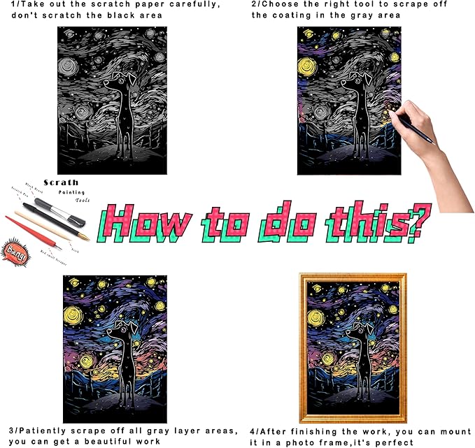 Scratch Painting Art Paper Scratch Art for Adults,Creative DIY Art Craft Gift Scratch Rainbow Painting Luminous Paper Set with 4 Tools 16''x11''(Dolphin&Dog)