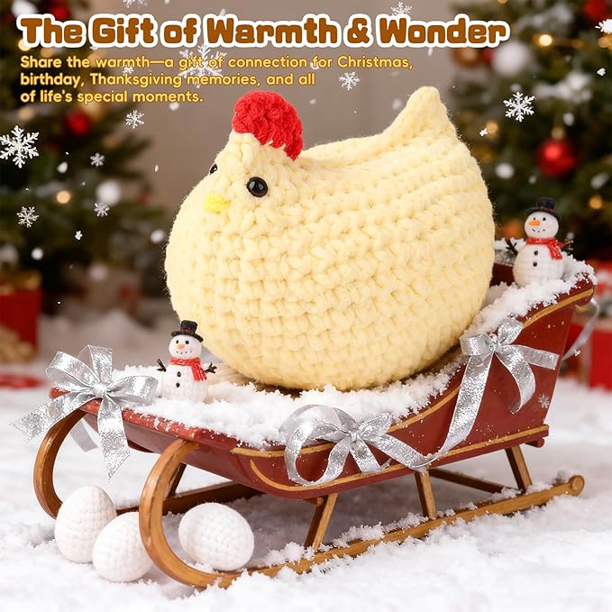 Coopay Crochet Kit for Beginners, Egg-Laying Mama Hen, Easy Chicken Crochet Kit, Chenille Yarn, Step-by-Step Video Tutorial, Cute Crochet Animals Kit for Adults, Chrismas Gifts, 1 Chicken+3 Eggs