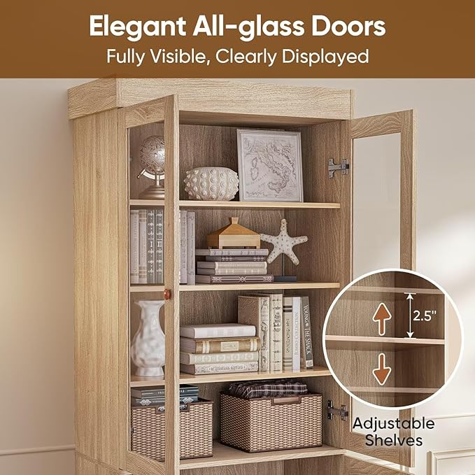 Vyre 71" Tall Farmhouse Bookshelves with Glass Doors, Set of 4 – Large Modular Bookcase with Adjustable Shelves, Storage Cabinet for Living Room, Kitchen, Home Office, Brown