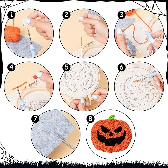 WATINC Christmas Punch Needle Coaster Kits - 23Pcs Easy Art Work Decor Craft Supply for Beginners, DIY Set of 6 Pattern Tufted Pads with Adhesive Felt Yarns Tools Coaster Holder Instruction (Orange)